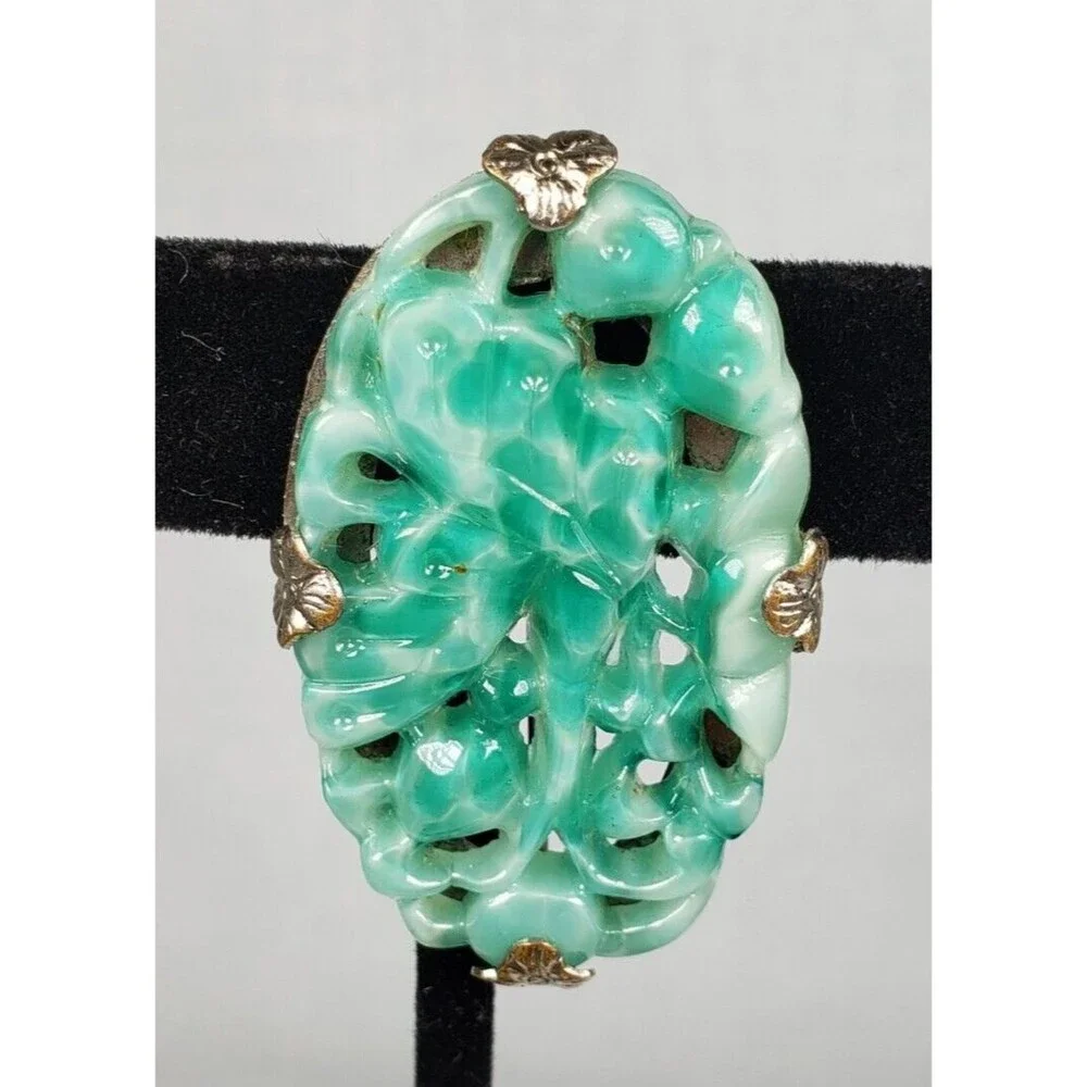 Vintage 1900 - 1920 Art Deco Carved Butterfly Jadeite Jade Silver Tone Brooch - Picture 7 of 14